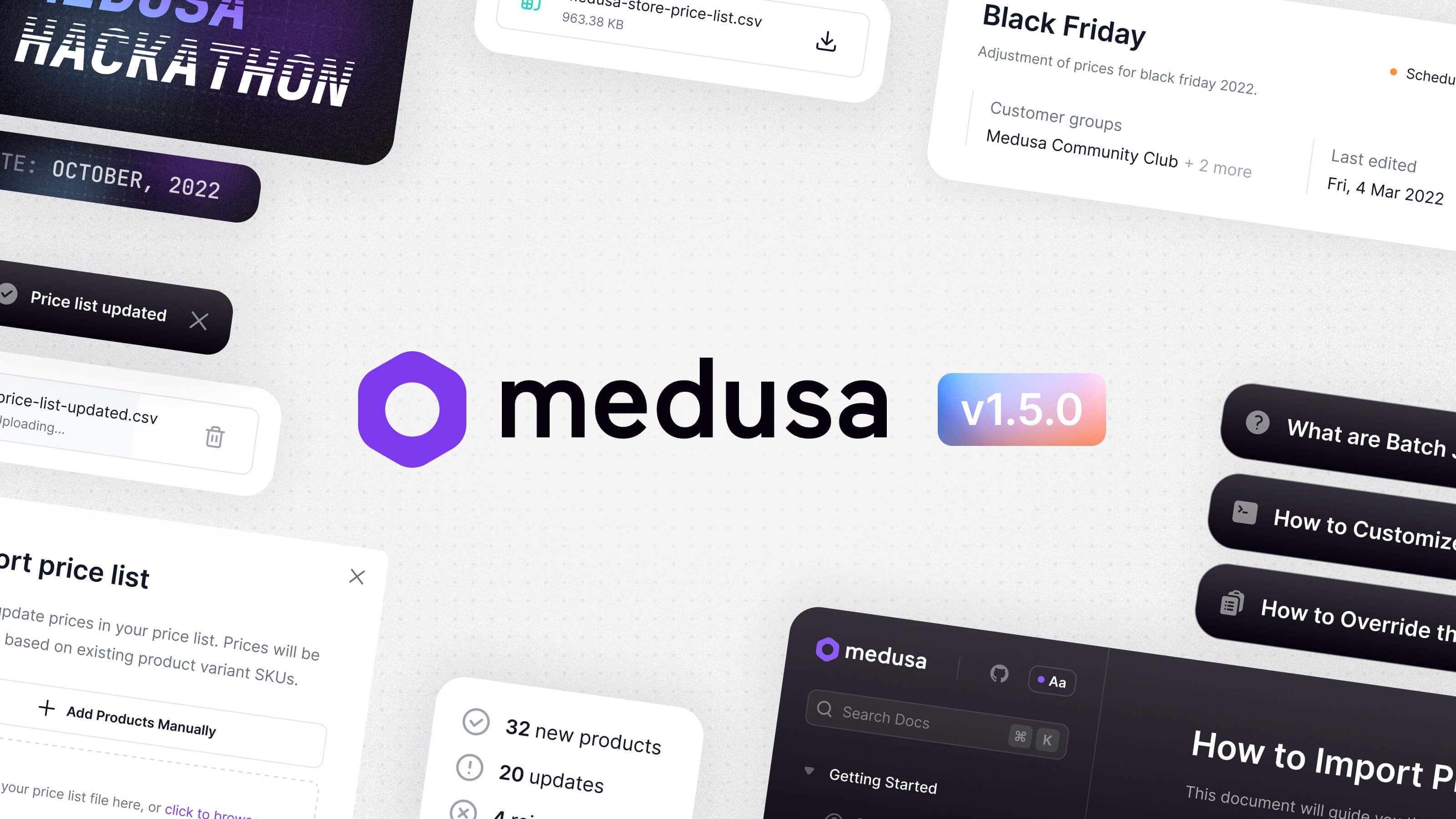 Medusa 1.5.0: PriceList Import, Medusa Hackathon, and more!